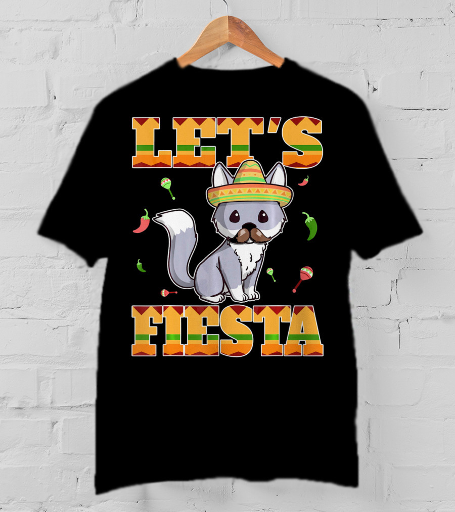 Let's Fiesta Kitty Cat Cinco De Mayo Mexi Sombrero Peppers Maracas T-Shirt