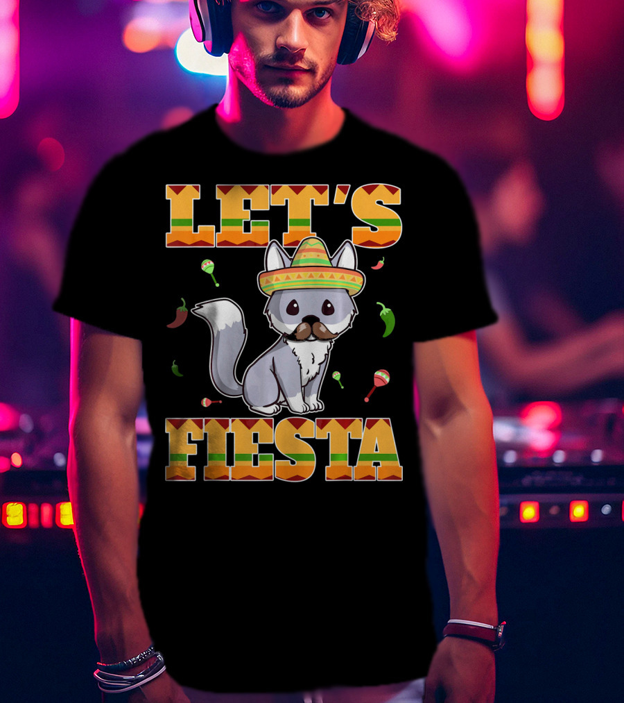 Let's Fiesta Kitty Cat Cinco De Mayo Mexi Sombrero Peppers Maracas T-Shirt