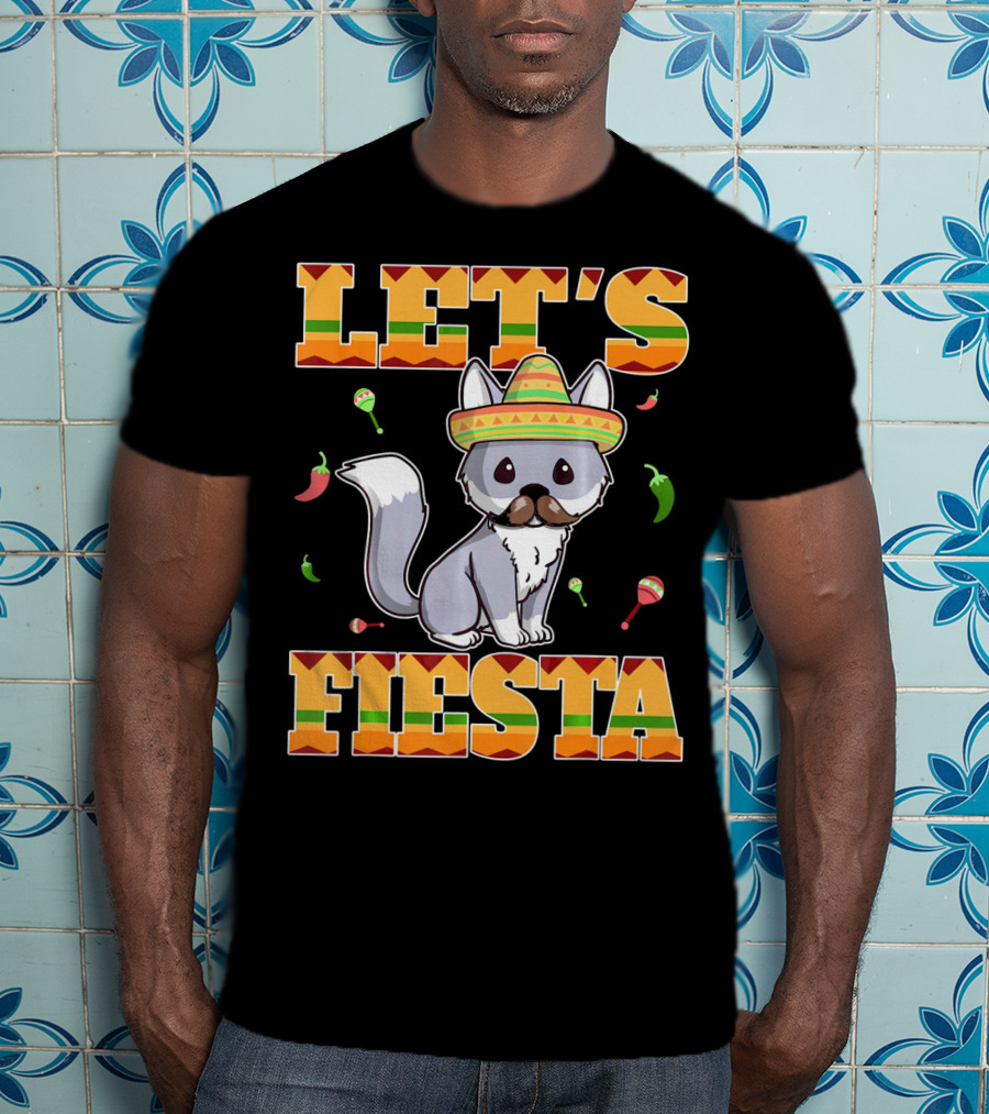 Let's Fiesta Kitty Cat Cinco De Mayo Mexi Sombrero Peppers Maracas T-Shirt