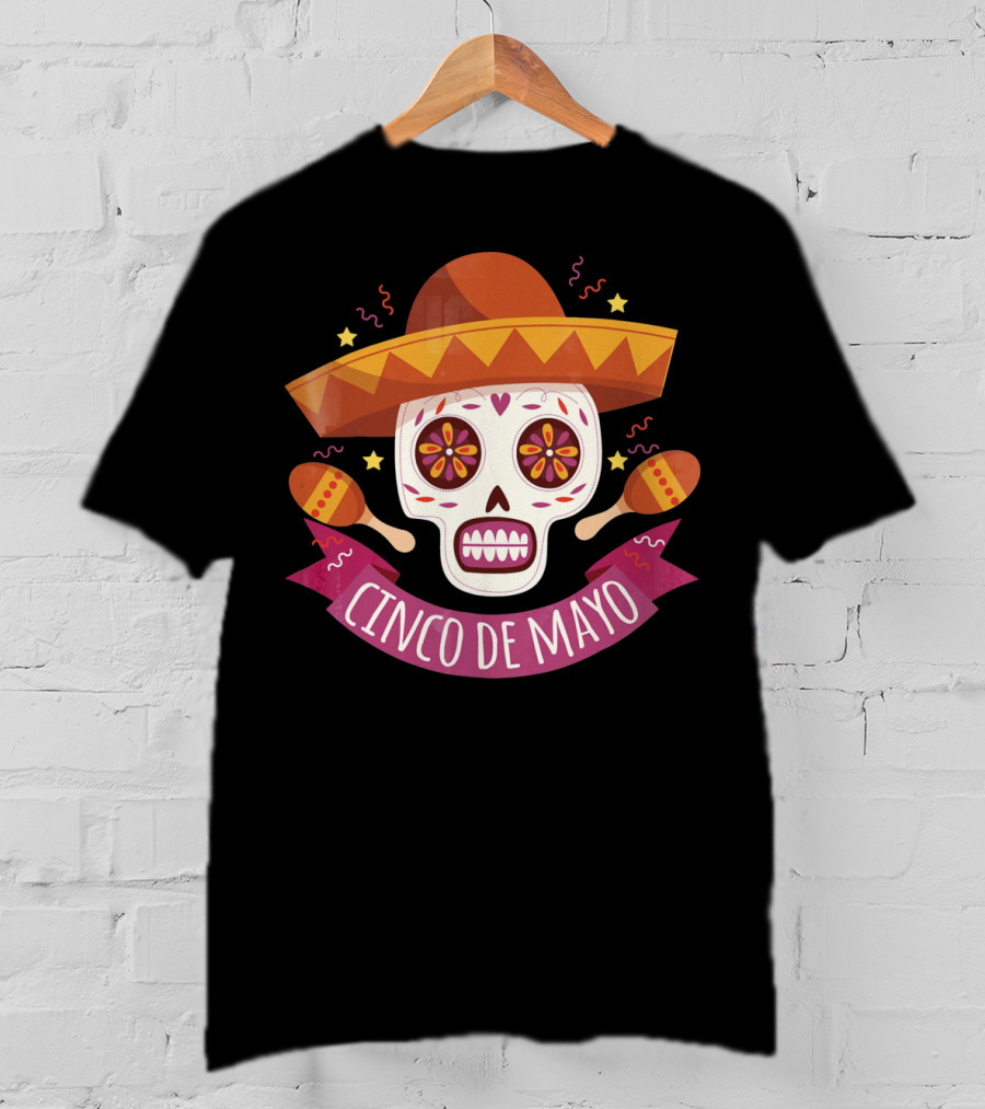 Cinco De Mayo Mexican Skull With Sombrero And Maracas T-Shirt