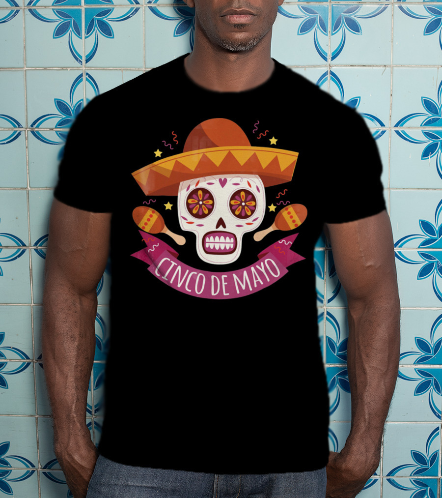 Cinco De Mayo Mexican Skull With Sombrero And Maracas T-Shirt