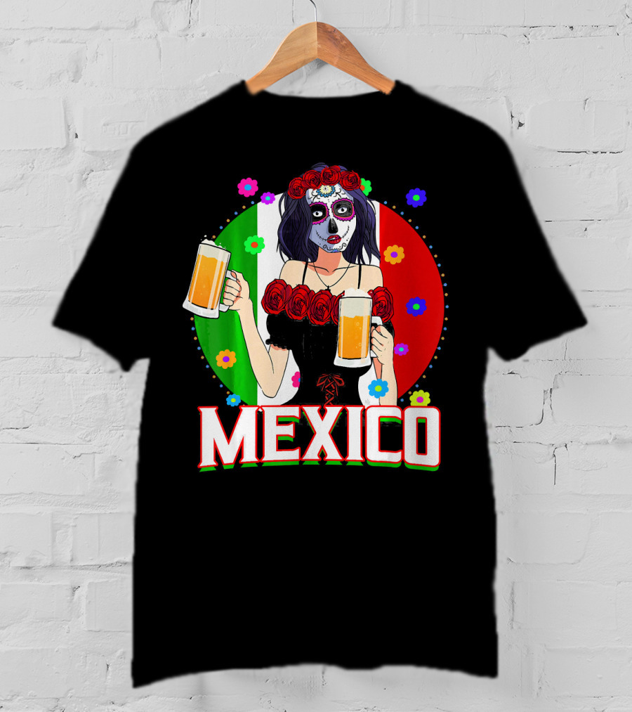 Cinco De Mayo Sugar Skull Woman Holding Beers Mexico Flag T-Shirt
