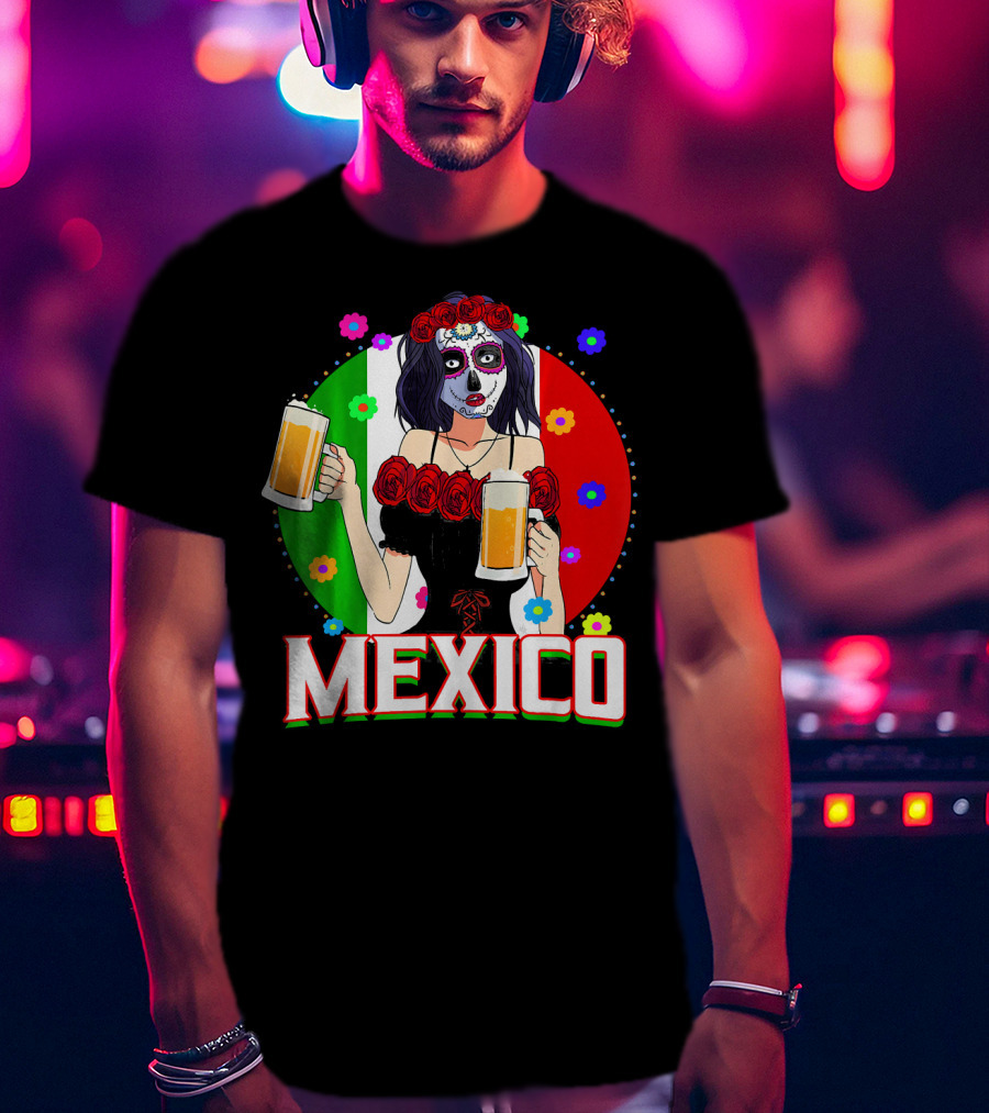 Cinco De Mayo Sugar Skull Woman Holding Beers Mexico Flag T-Shirt