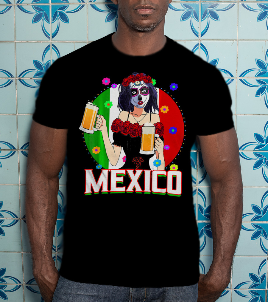 Cinco De Mayo Sugar Skull Woman Holding Beers Mexico Flag T-Shirt
