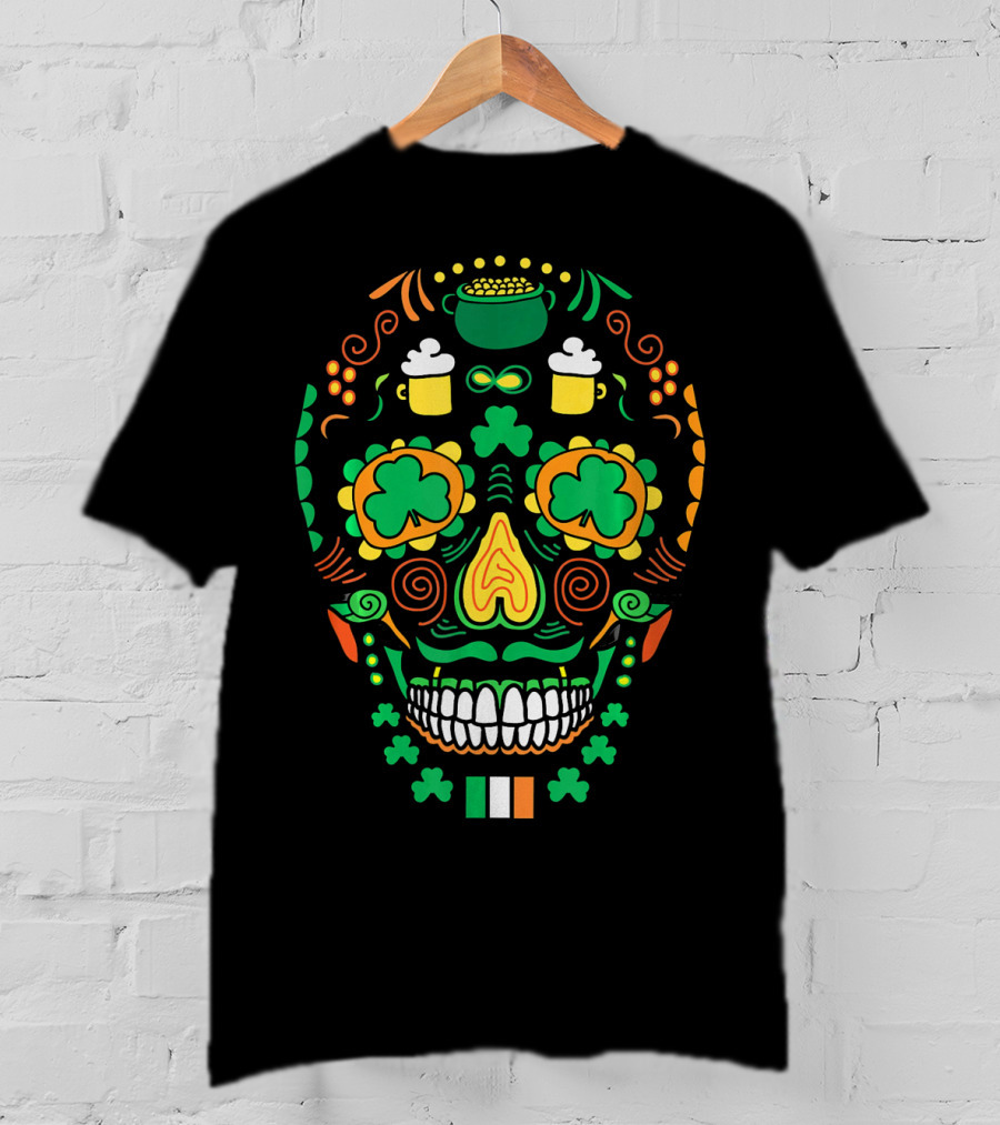 Shamrock Sugar Skull Irish Cinco De Mayo T-Shirt
