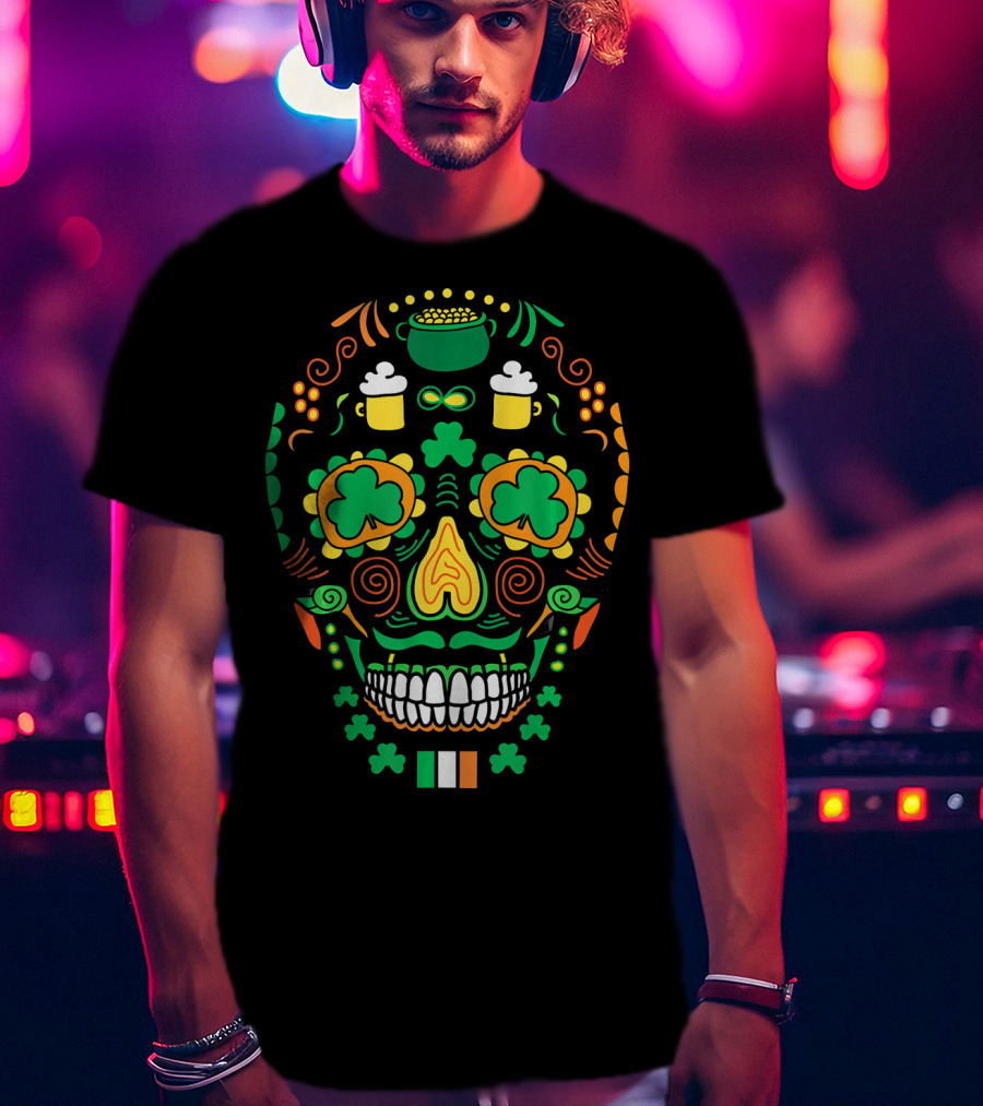 Shamrock Sugar Skull Irish Cinco De Mayo T-Shirt