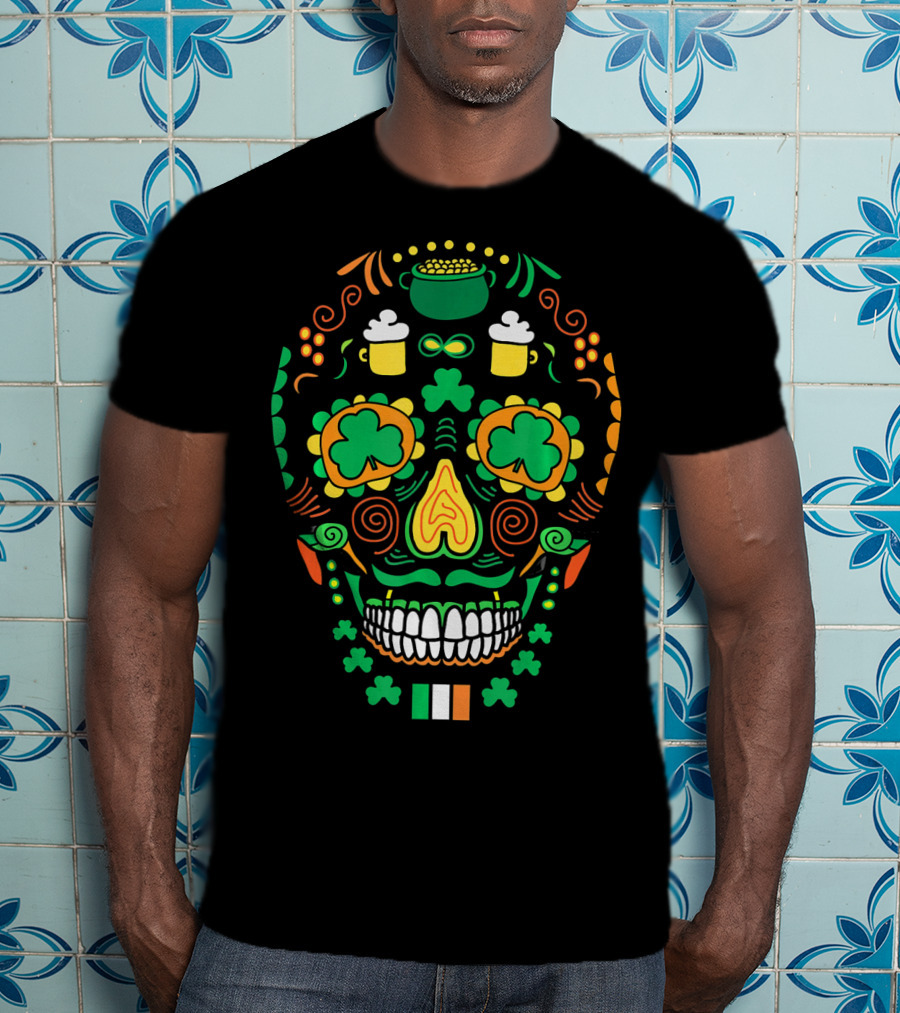 Shamrock Sugar Skull Irish Cinco De Mayo T-Shirt