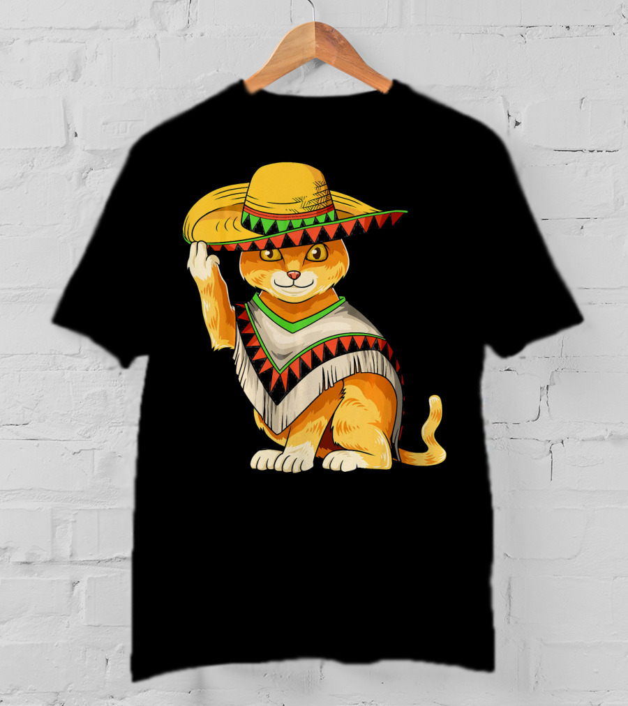 Mexican Cat Cinco De Mayo Cat Poncho Sombrero Fiesta T-Shirt