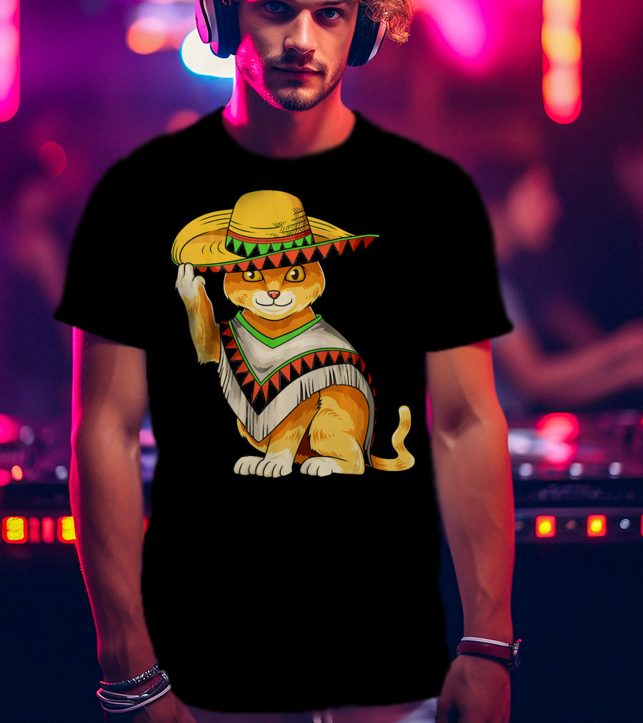 Mexican Cat Cinco De Mayo Cat Poncho Sombrero Fiesta T-Shirt