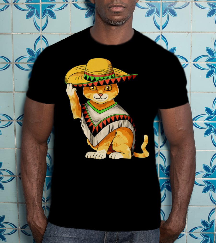 Mexican Cat Cinco De Mayo Cat Poncho Sombrero Fiesta T-Shirt