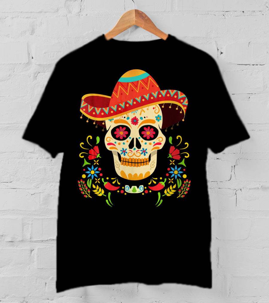Day Of The Dead Skull Cinco De Mayo Sombrero Floral Fiesta T-Shirt