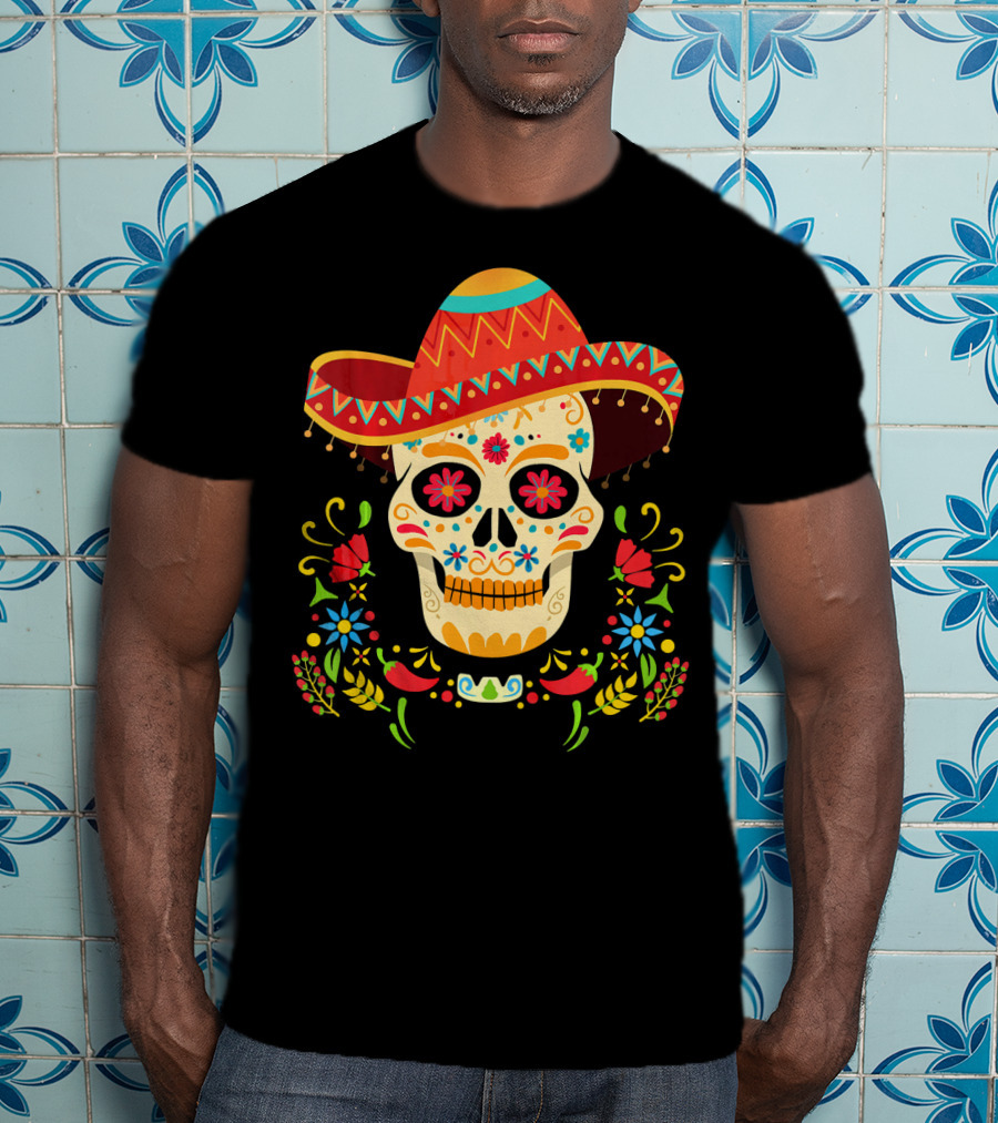 Day Of The Dead Skull Cinco De Mayo Sombrero Floral Fiesta T-Shirt