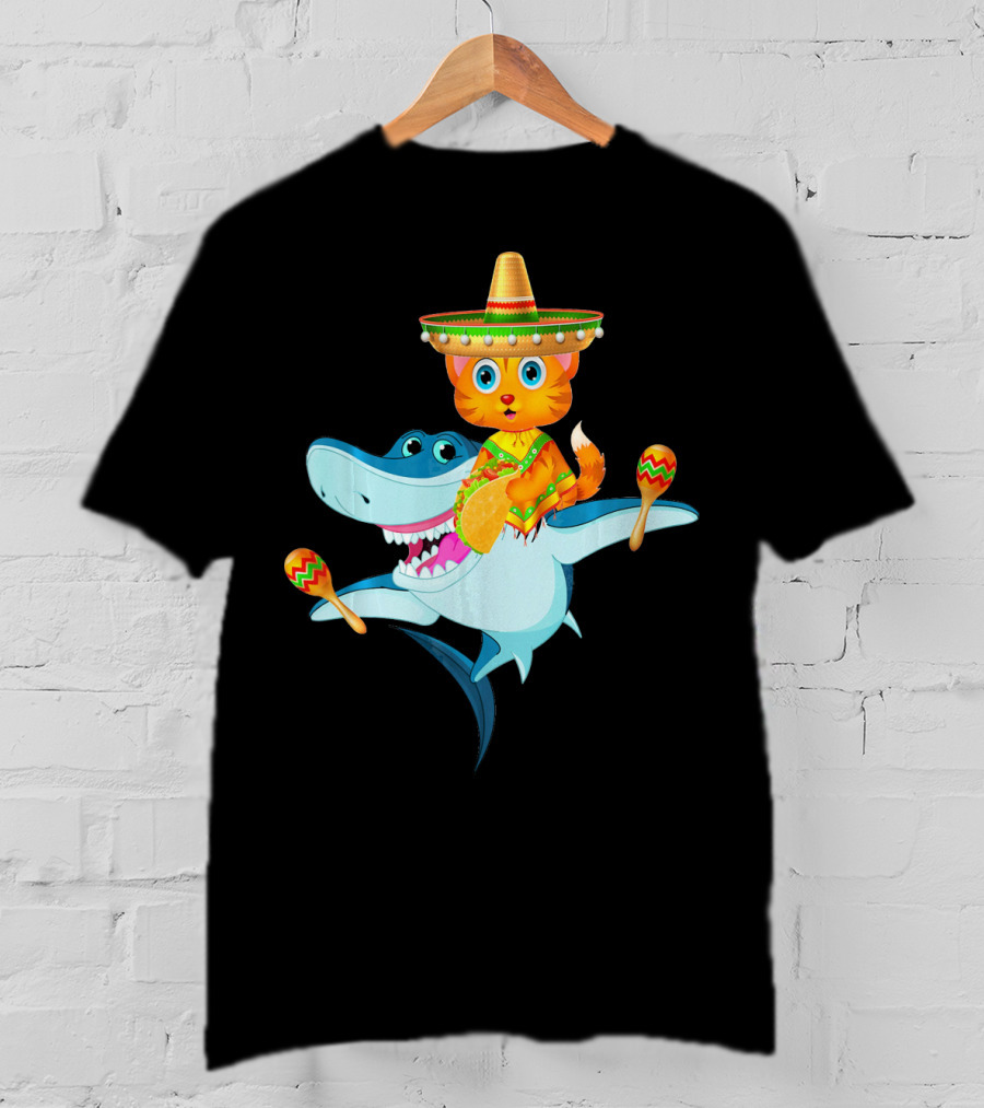Funny Cinco De Mayo Cat Riding A Shark Sombrero Maracas Fiesta T-Shirt