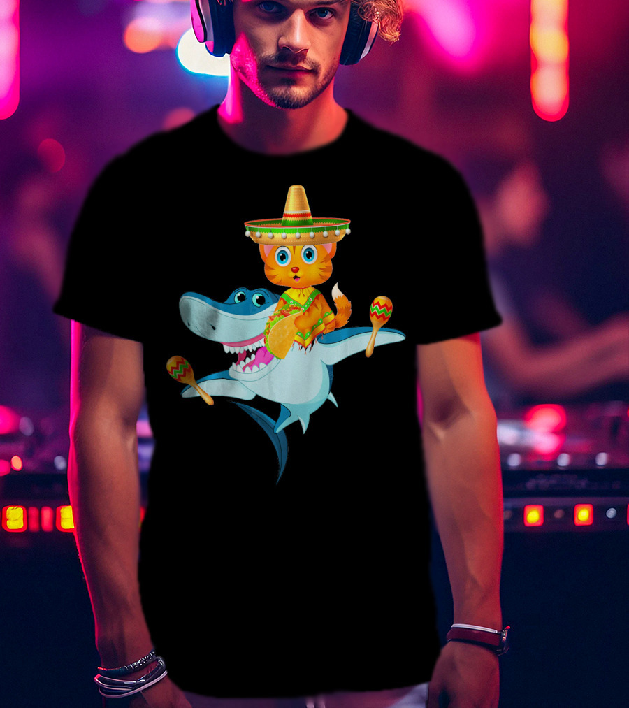 Funny Cinco De Mayo Cat Riding A Shark Sombrero Maracas Fiesta T-Shirt