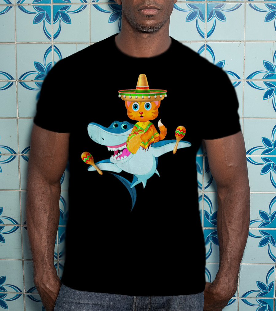 Funny Cinco De Mayo Cat Riding A Shark Sombrero Maracas Fiesta T-Shirt
