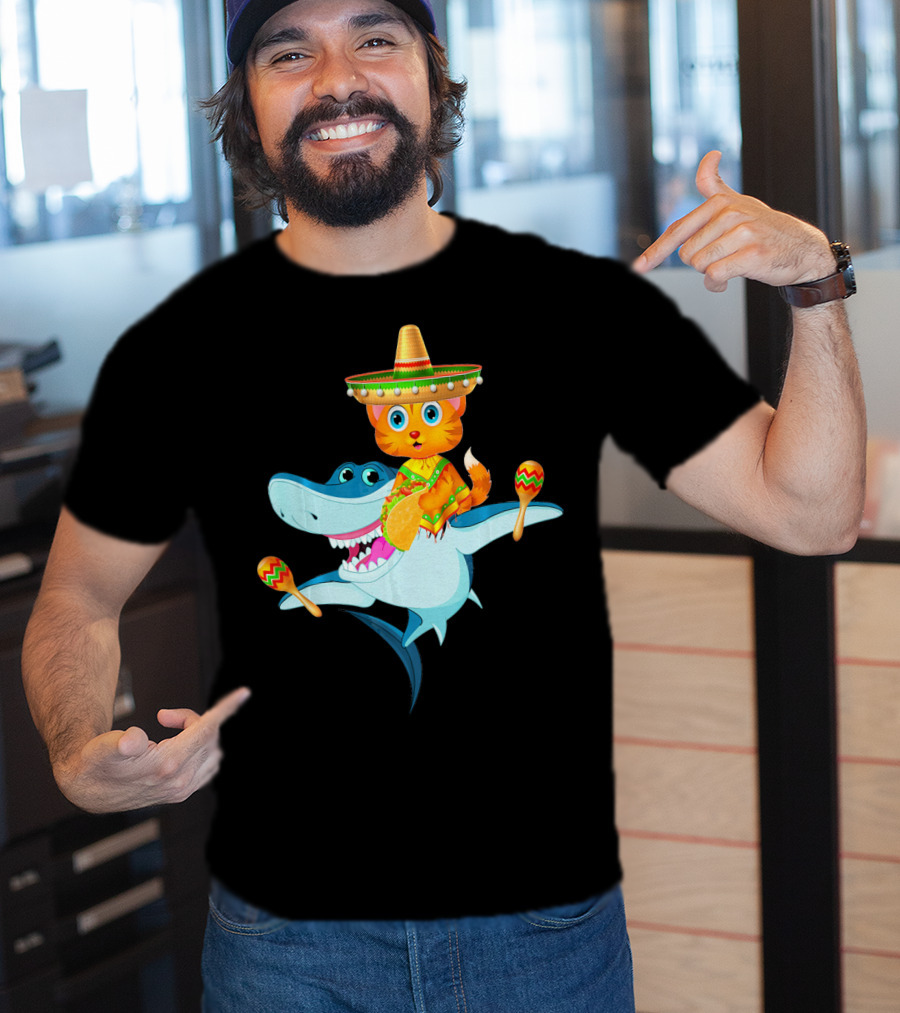 Funny Cinco De Mayo Cat Riding A Shark Sombrero Maracas Fiesta T-Shirt
