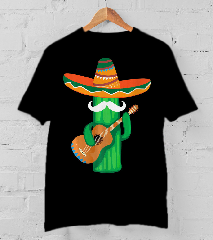 Mustache Cactus Sombrero Playing Guitar T-Shirt