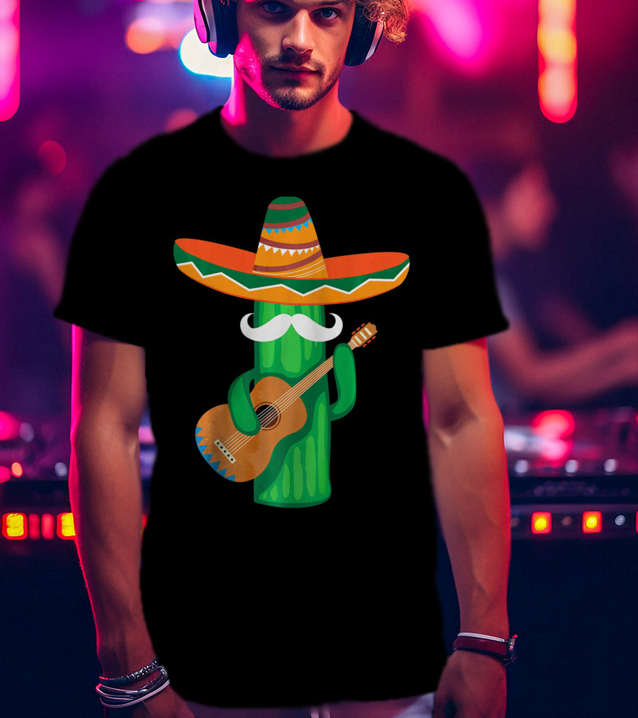 Mustache Cactus Sombrero Playing Guitar T-Shirt
