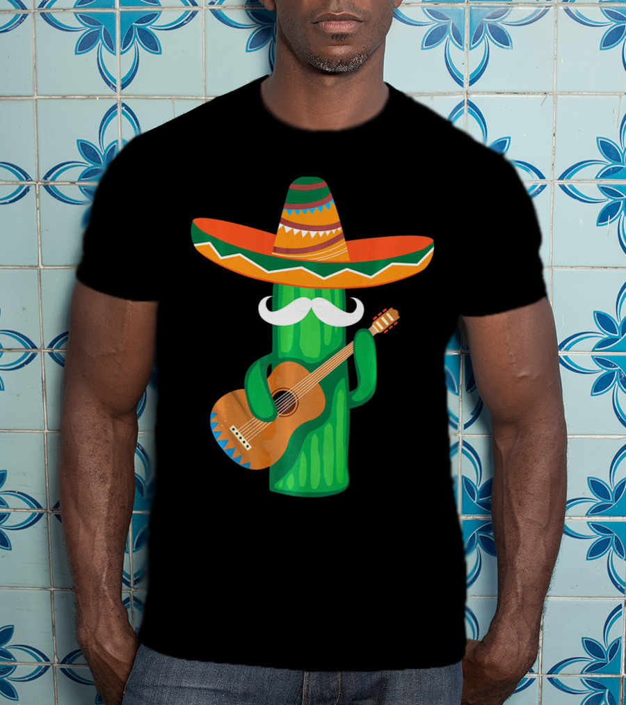 Mustache Cactus Sombrero Playing Guitar T-Shirt