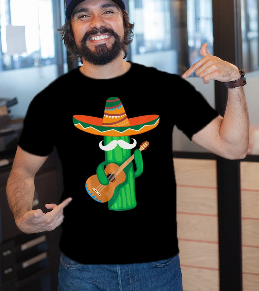 Mustache Cactus Sombrero Playing Guitar T-Shirt