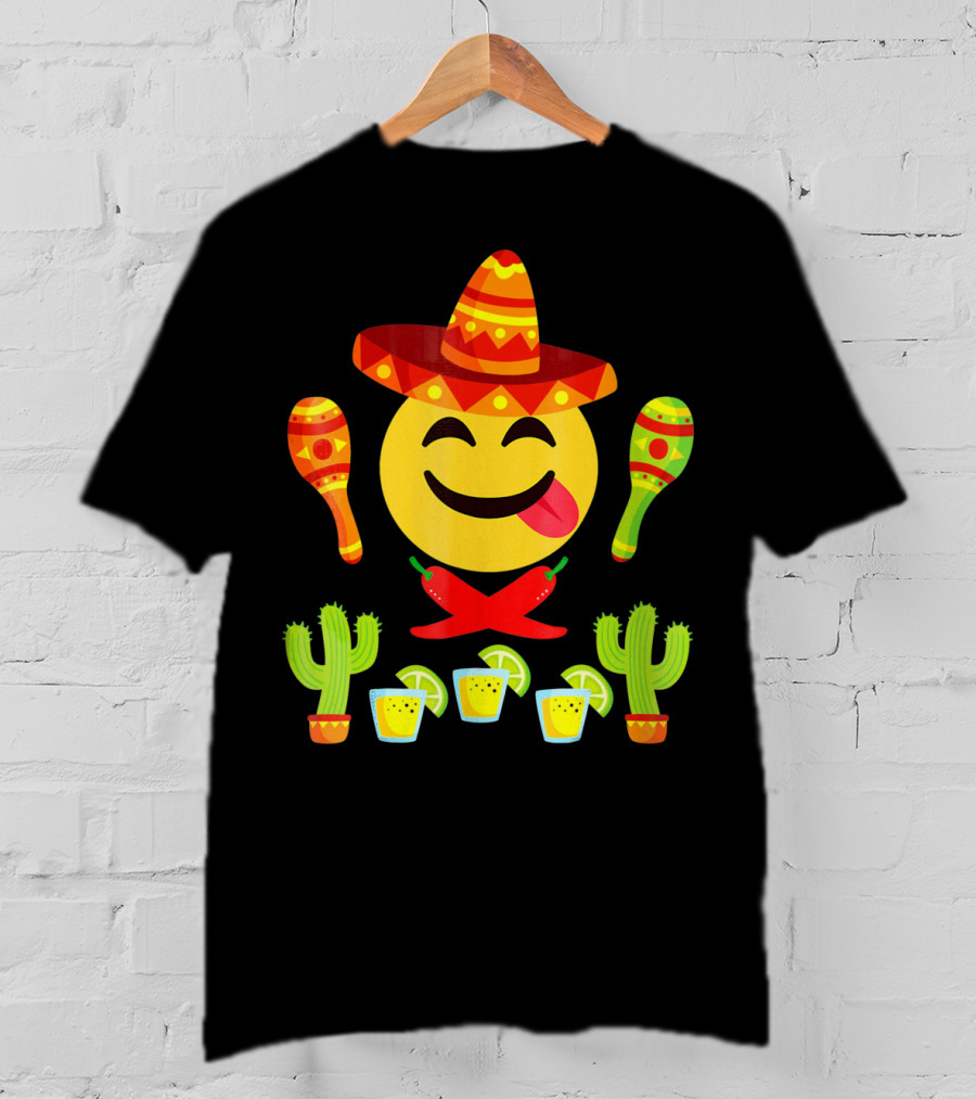 Cinco De Mayo Emoji Tongue Sombrero Cactus Maracas Peppers Lime Shots T-Shirt