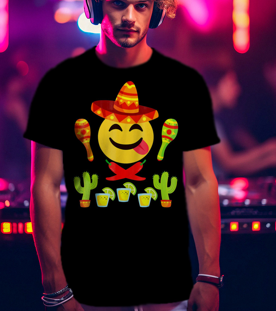Cinco De Mayo Emoji Tongue Sombrero Cactus Maracas Peppers Lime Shots T-Shirt