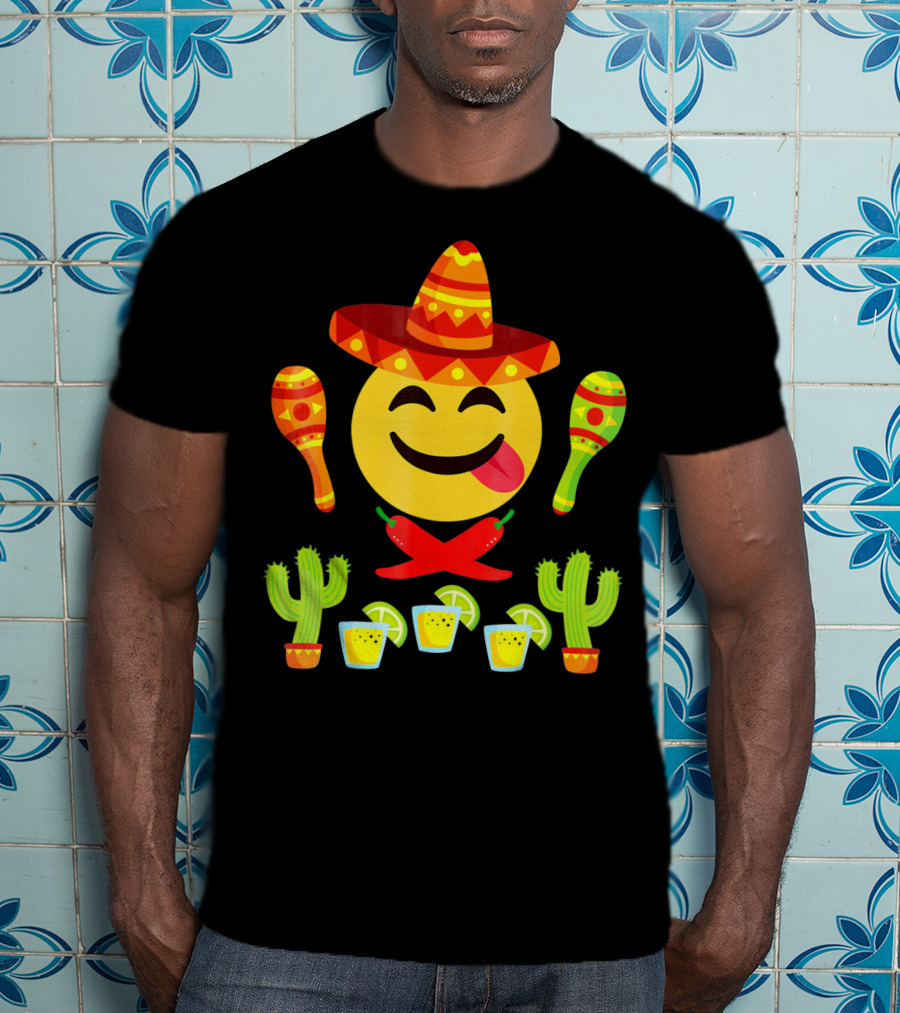 Cinco De Mayo Emoji Tongue Sombrero Cactus Maracas Peppers Lime Shots T-Shirt