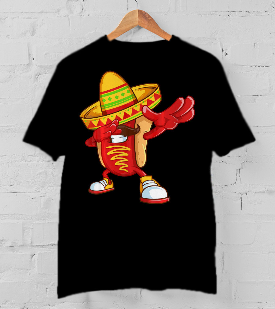 Funny Dabbing Hotdog Sombrero Mexican Cinco De Mayo T-Shirt