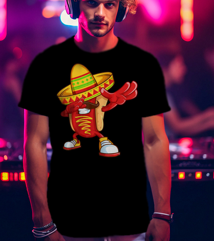 Funny Dabbing Hotdog Sombrero Mexican Cinco De Mayo T-Shirt
