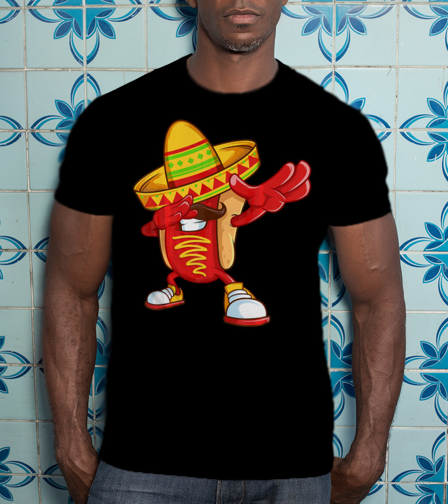 Funny Dabbing Hotdog Sombrero Mexican Cinco De Mayo T-Shirt
