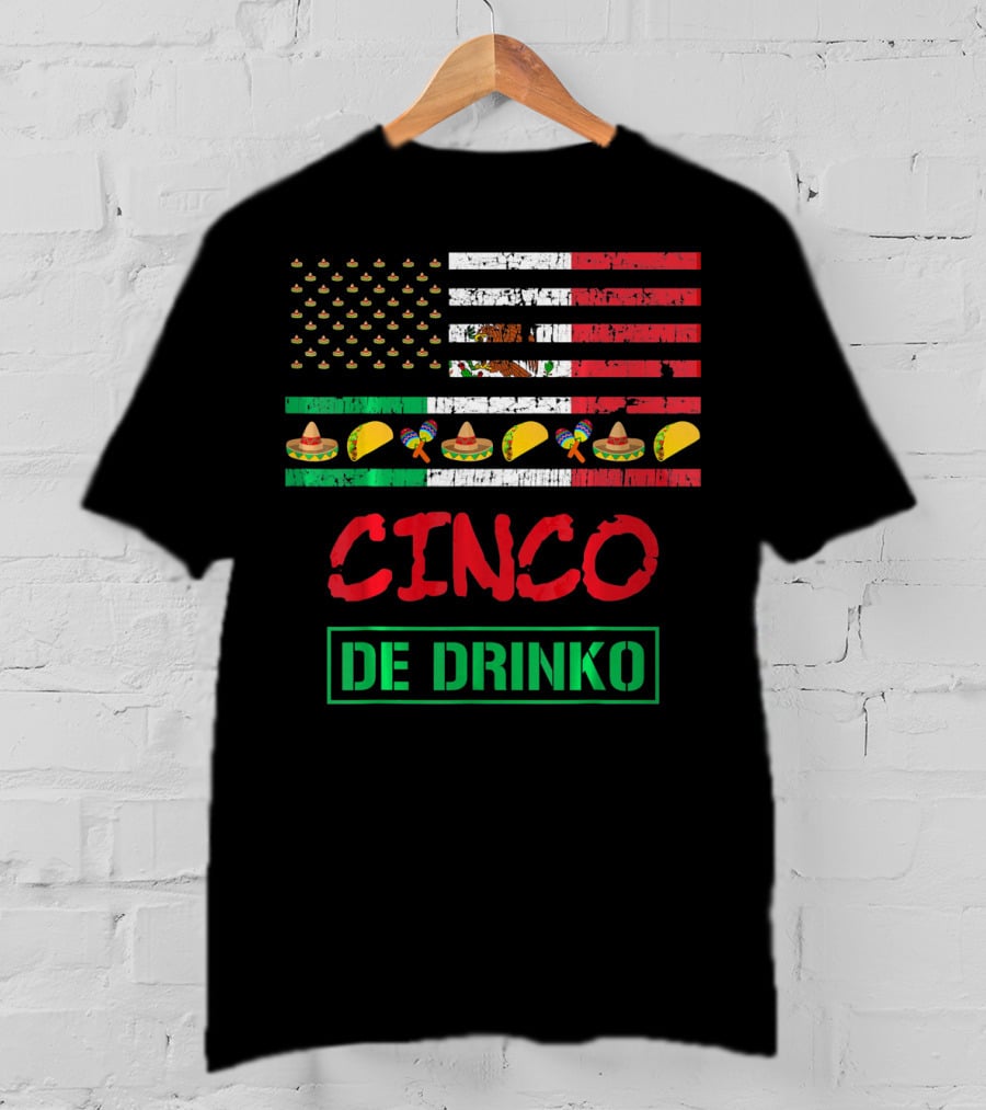 Cinco De Drinko Funny Mexico Flag Sombrero Taco Maracas Icons T-Shirt