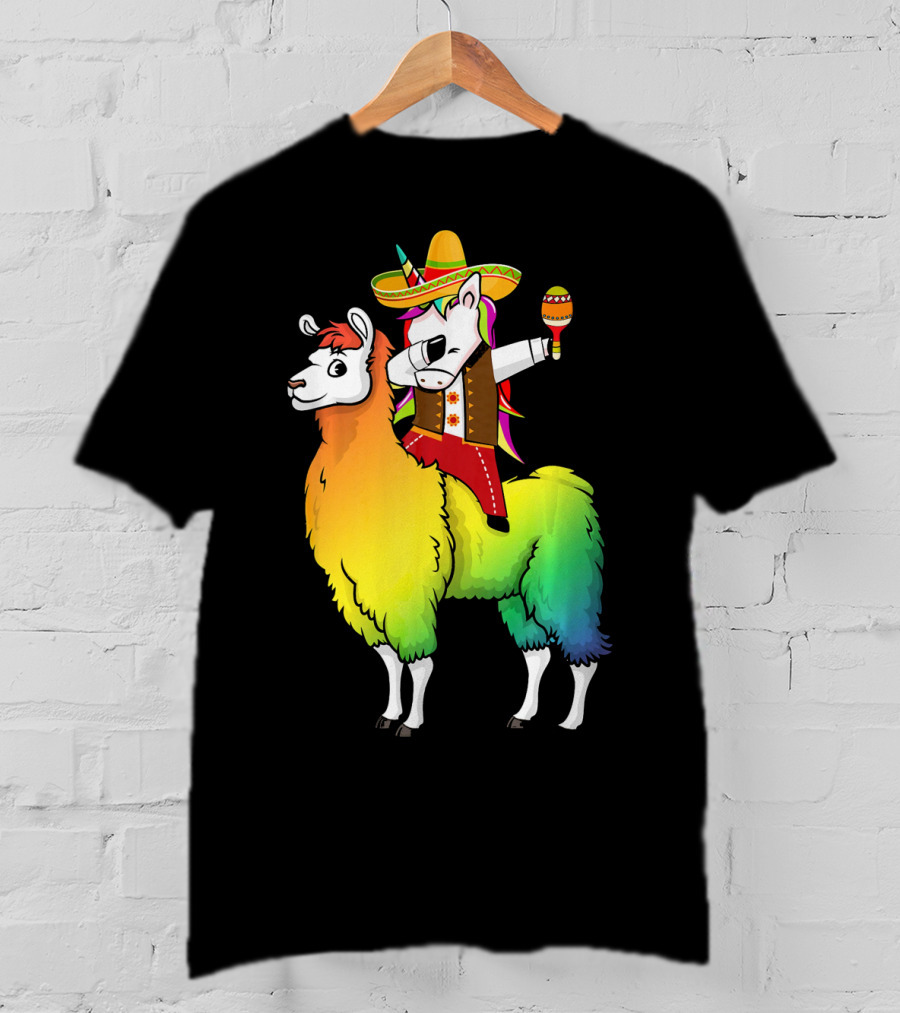 Unicorn Dabbing Riding Llama With Sombrero And Maracas Funny Cinco T-Shirt