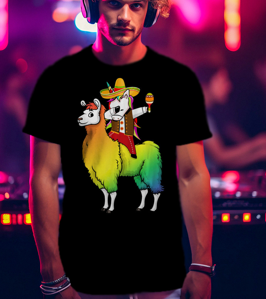 Unicorn Dabbing Riding Llama With Sombrero And Maracas Funny Cinco T-Shirt