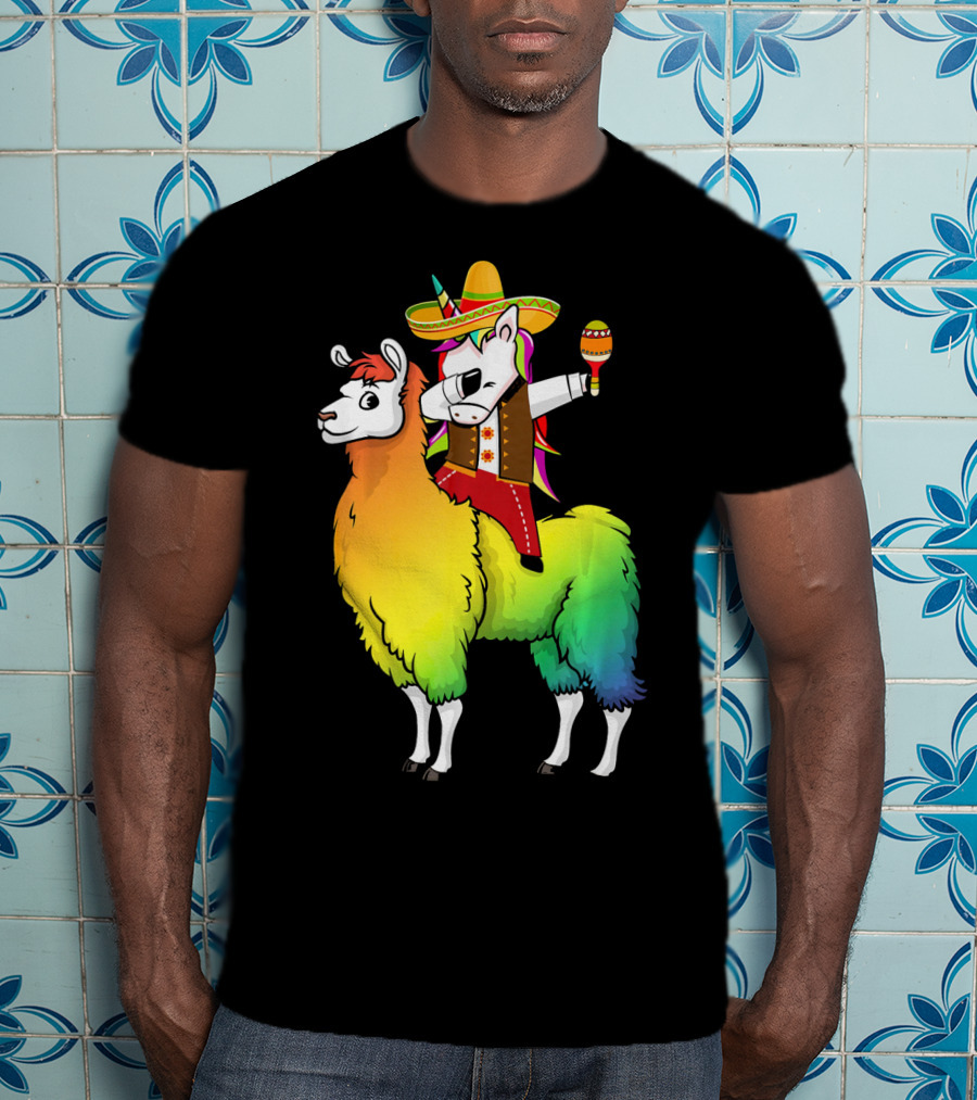 Unicorn Dabbing Riding Llama With Sombrero And Maracas Funny Cinco T-Shirt