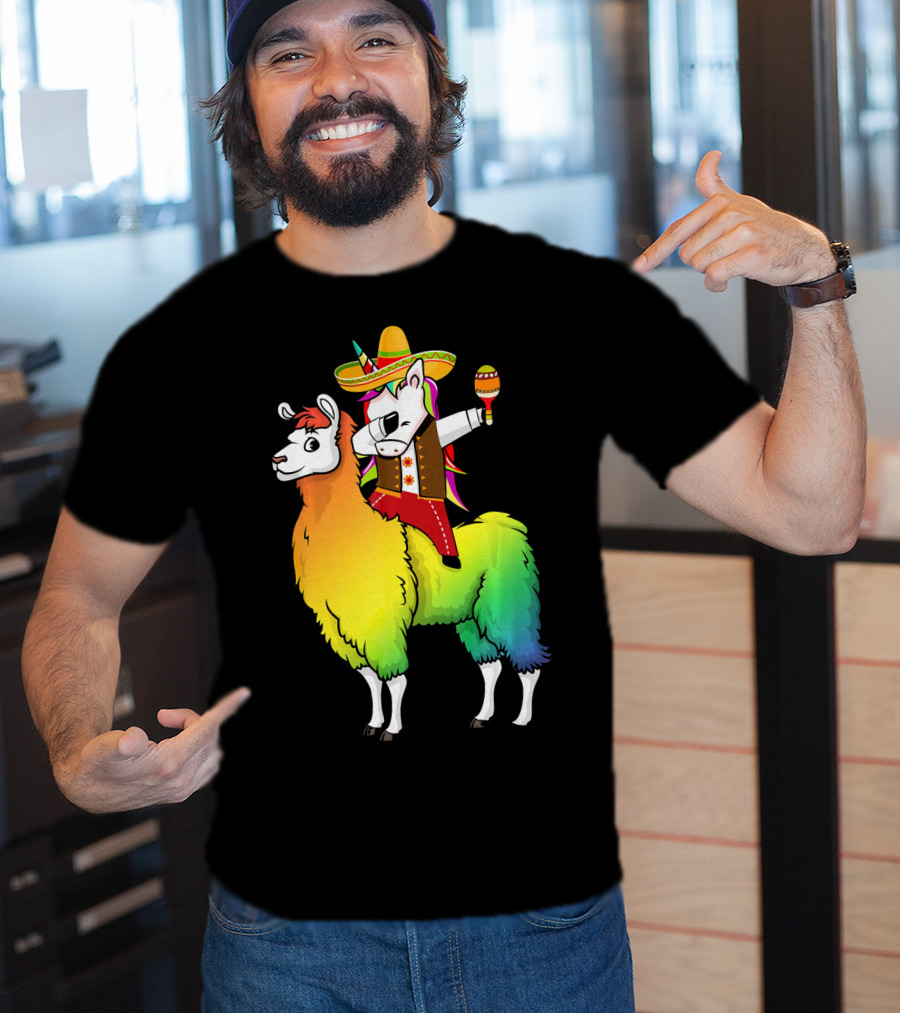 Unicorn Dabbing Riding Llama With Sombrero And Maracas Funny Cinco T-Shirt