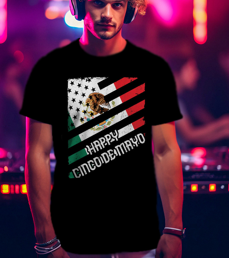 Cinco De Mayo Happy Mexico US Flag Eagle Stripes T-Shirt