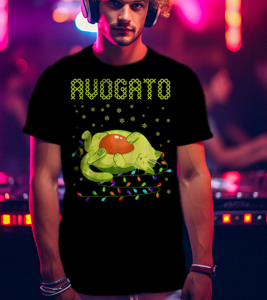 Avogato Cat With Colorful Lights Funny Cinco De Mayo Meow T-Shirt