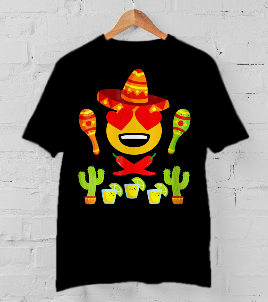 Fiesta Cinco De Mayo Emoji Heart Eyes Sombrero Maracas Cactus Peppers Margaritas T-Shirt