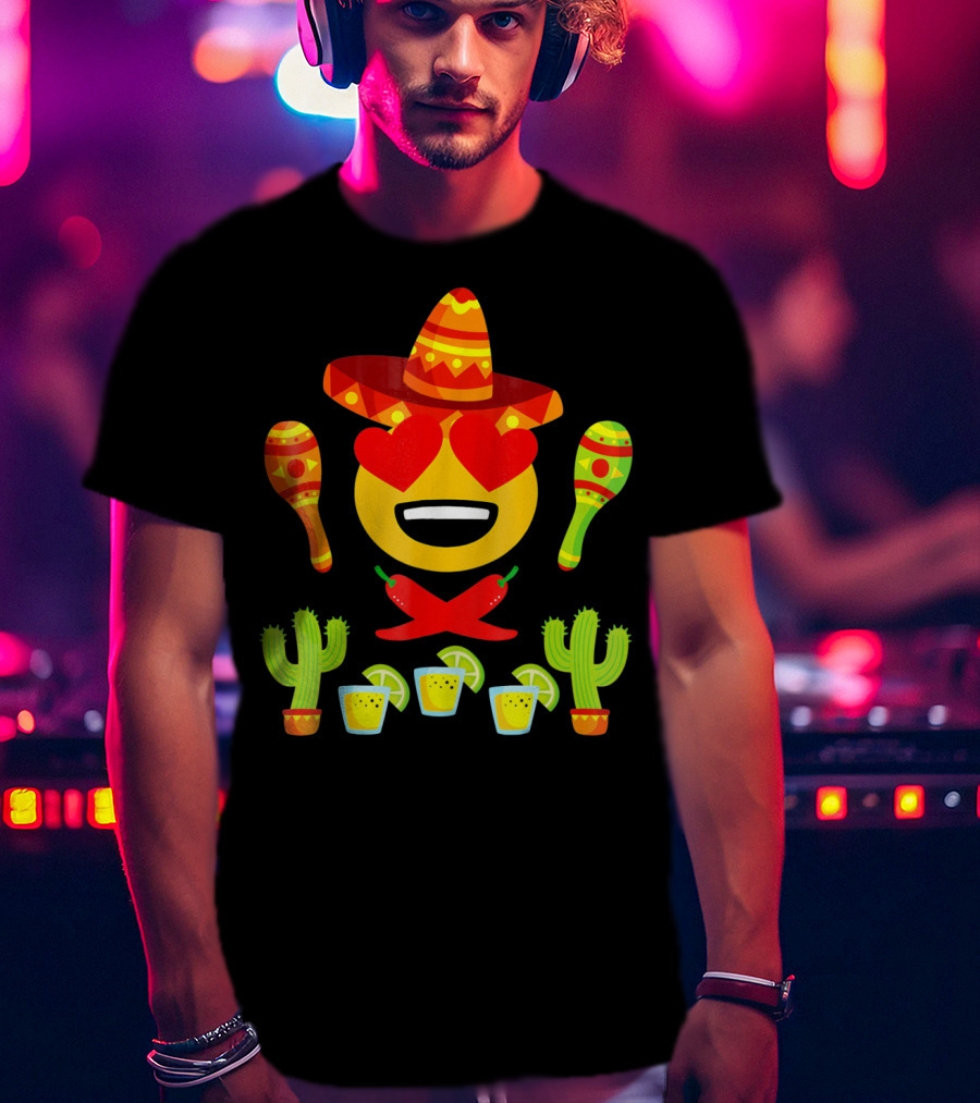 Fiesta Cinco De Mayo Emoji Heart Eyes Sombrero Maracas Cactus Peppers Margaritas T-Shirt