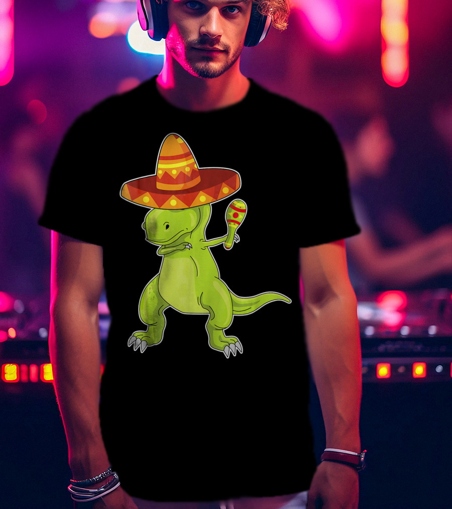 Cinco De Mayo Dinosaur Funny Mexican Sombrero Maracas T-Shirt
