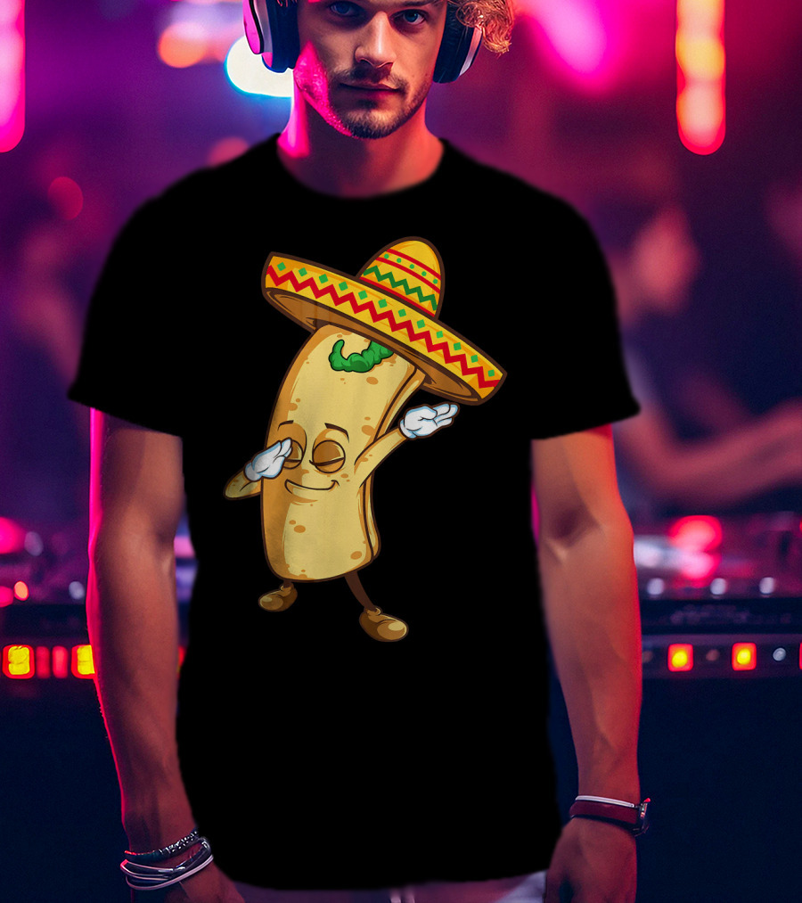 Funny Dabbing Burrito Mexican Cinco De Mayo Sombrero Cartoon T-Shirt