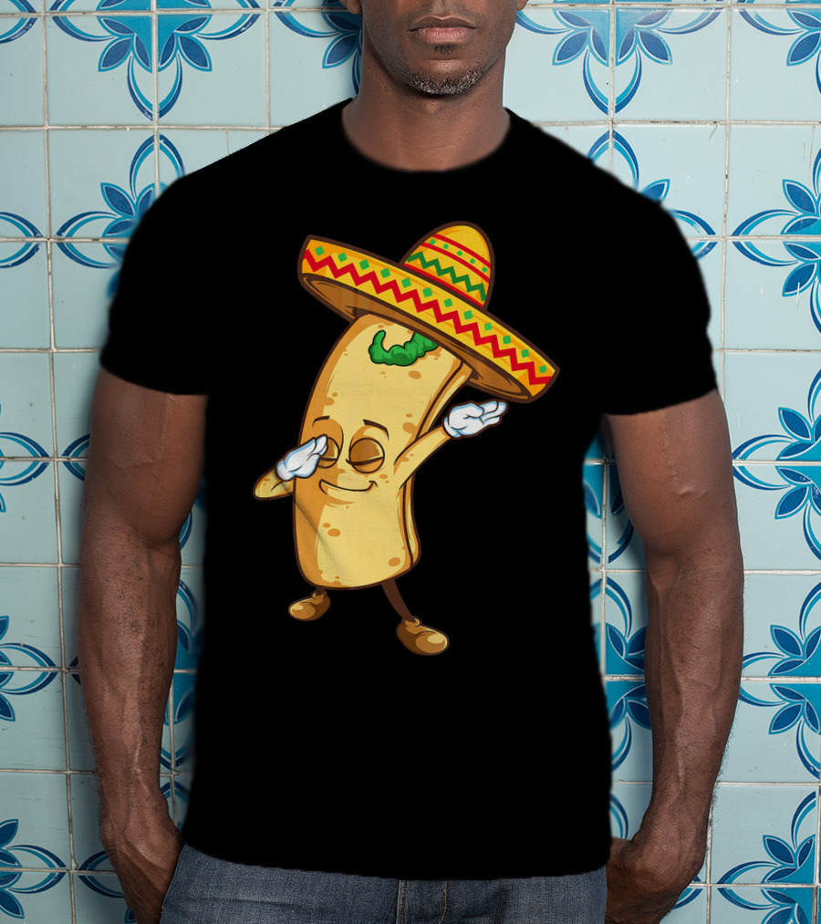 Funny Dabbing Burrito Mexican Cinco De Mayo Sombrero Cartoon T-Shirt