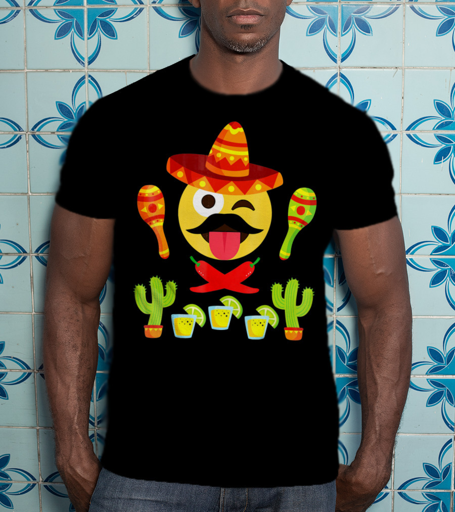 Cinco De Mayo Winking Emoji Sombrero Maracas Cactus Tequila Peppers T-Shirt