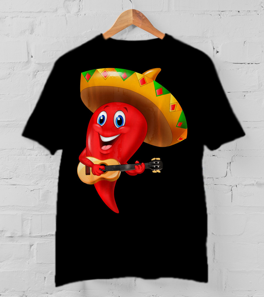 Cute Chili Pepper Wearing Sombrero Playing Guitar Mexico T-Shirt
