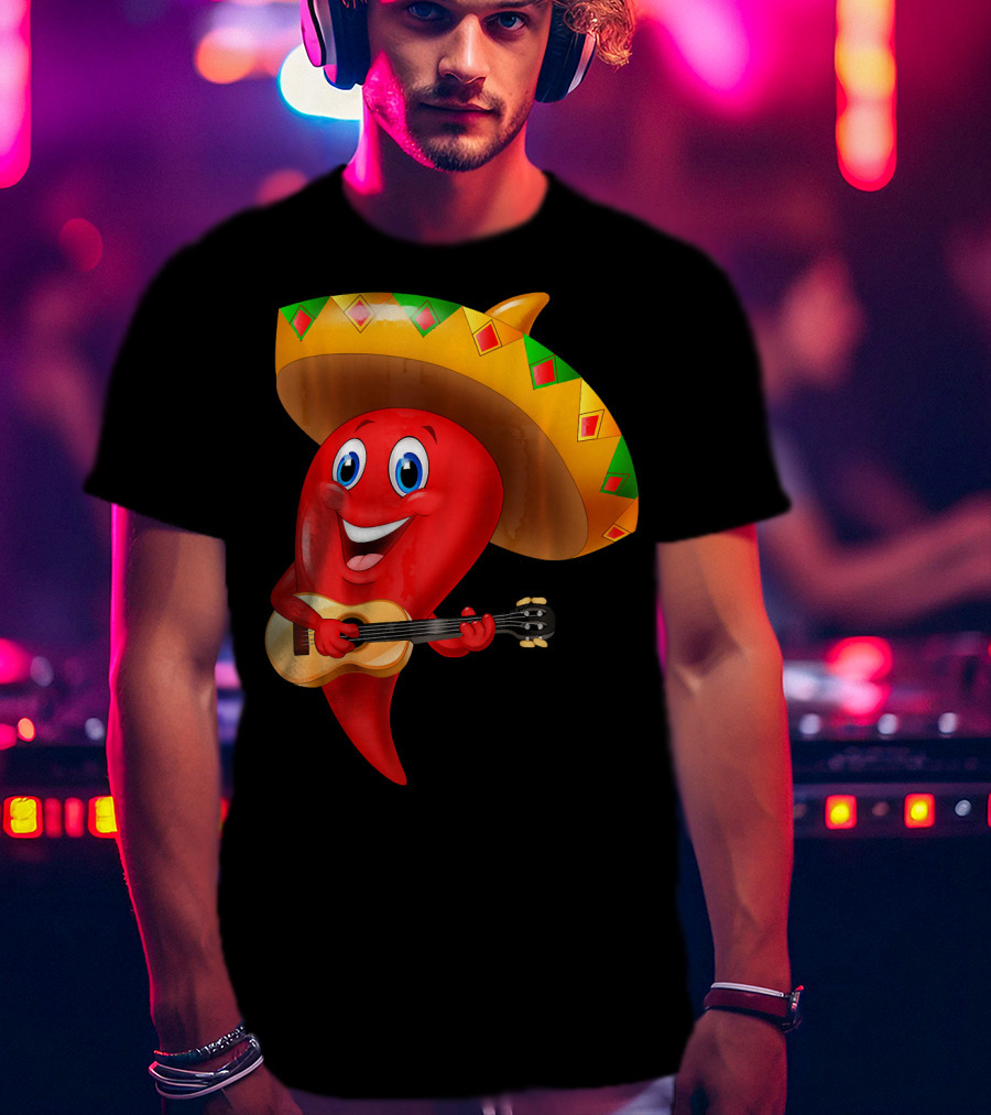 Cute Chili Pepper Wearing Sombrero Playing Guitar Mexico T-Shirt