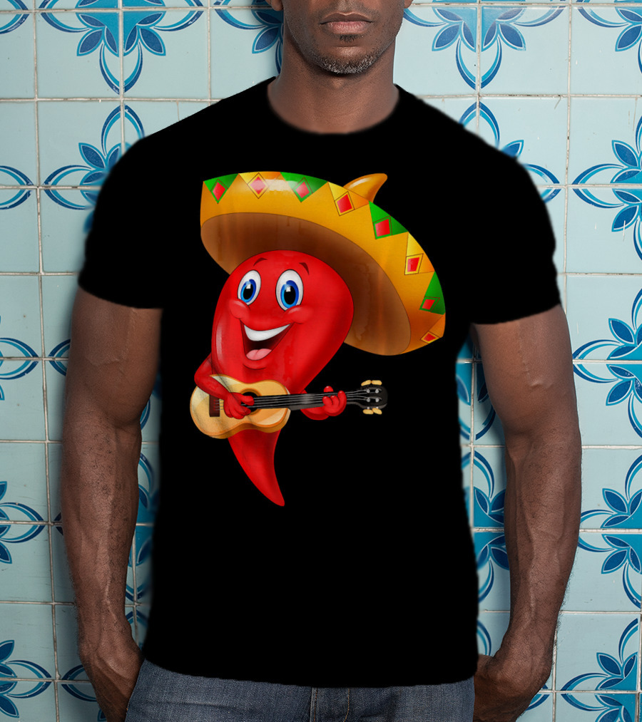 Cute Chili Pepper Wearing Sombrero Playing Guitar Mexico T-Shirt