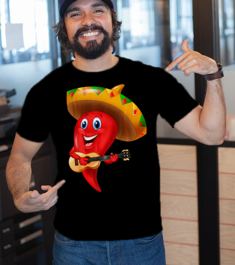 Cute Chili Pepper Wearing Sombrero Playing Guitar Mexico T-Shirt