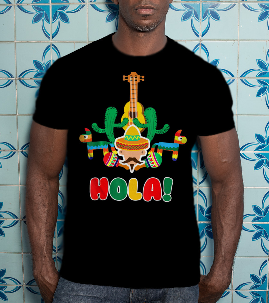 Hola Mexican Sombrero Guitar Cactus Piñata Fiesta T-Shirt