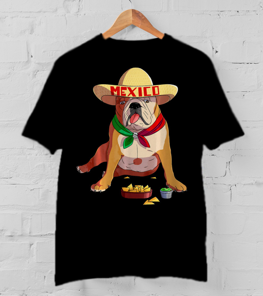 Cinco De Mayo Mexican Bulldog Wearing Sombrero With Chips And Salsa T-Shirt