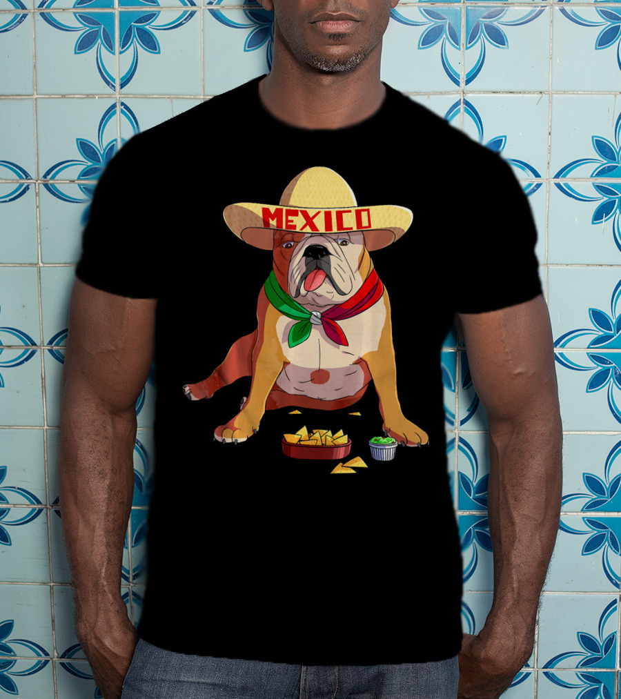 Cinco De Mayo Mexican Bulldog Wearing Sombrero With Chips And Salsa T-Shirt